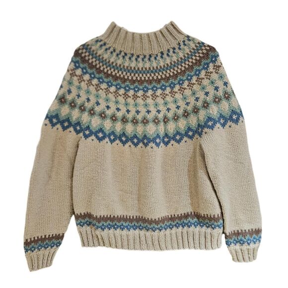 Sweaters - vintage cottagecore academia beige blue fair isle hand knit sweater